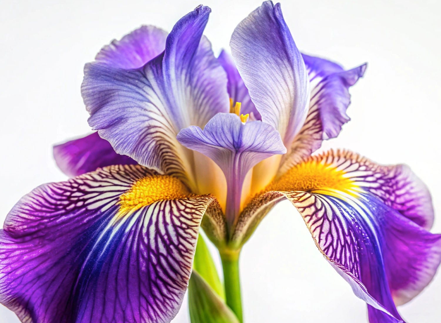 Purple iris flower with yellow center in detailed macro close up